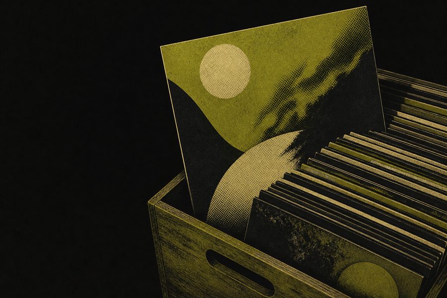 Original artwork for this archive: a crate of twelve-inch records with one sleeve lifted clear into the light