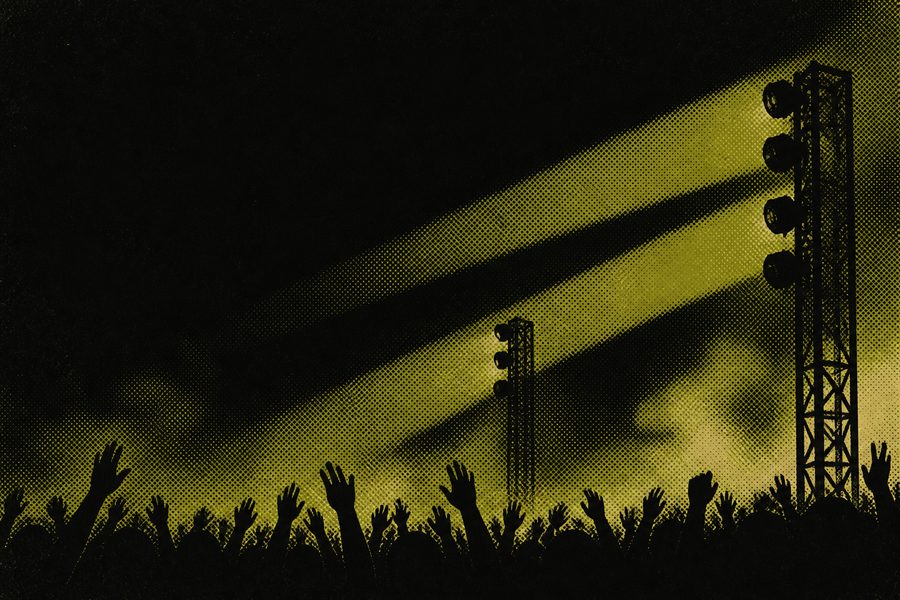 Original artwork for this archive: stage lighting towers throwing three beams over a festival crowd of raised hands