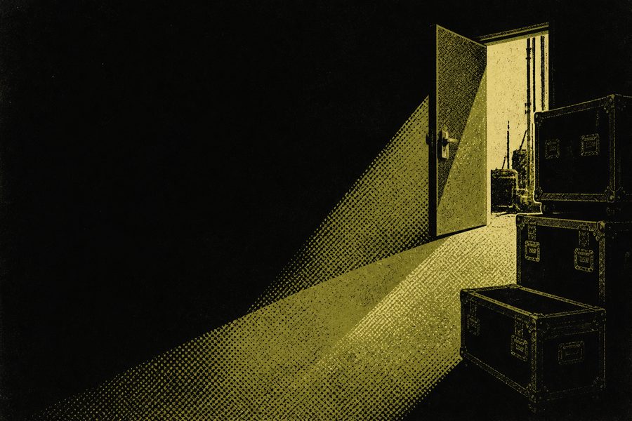 Original artwork for this archive: a stage door throwing a wedge of light across a backstage floor stacked with flight cases