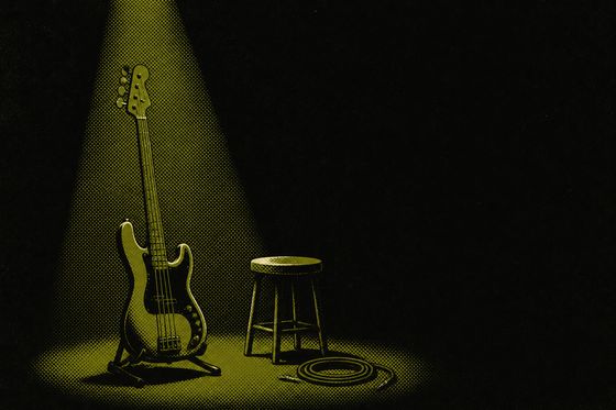 Original artwork for this archive: a bass guitar on a stand beside an empty stool in a narrow spotlight on a dark stage