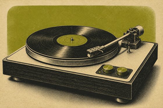 Original artwork for this archive: a belt-drive record deck with the tonearm resting in the run-in groove