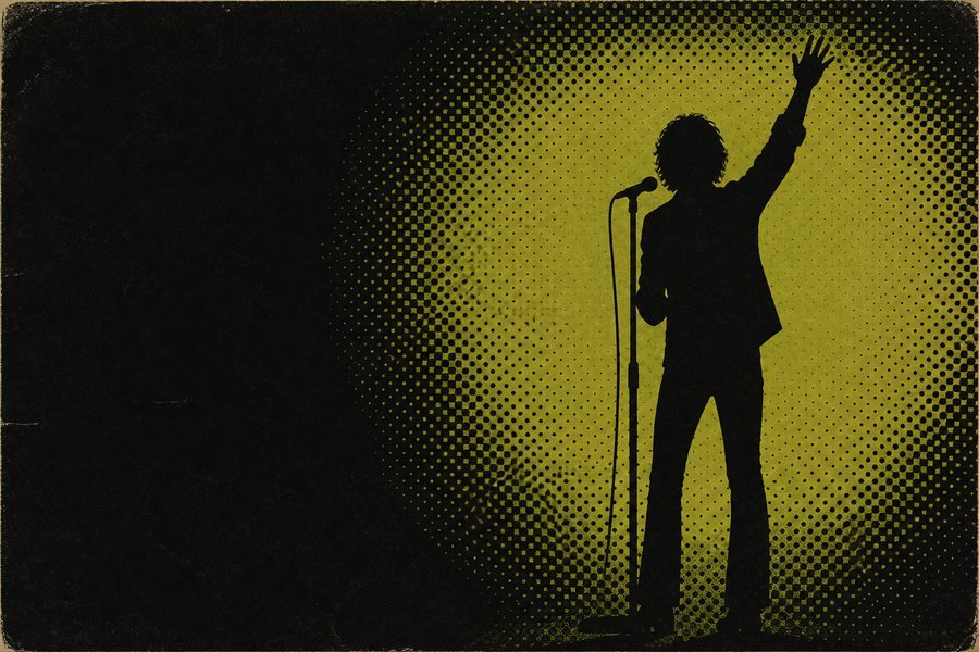 Original artwork for this archive: the silhouette of a singer at a microphone stand, one arm raised, against a halftone spotlight