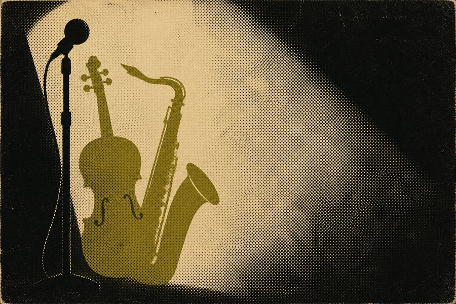 Original artwork for this archive: a microphone stand, a violin and a saxophone standing together in one spotlight on a dark stage