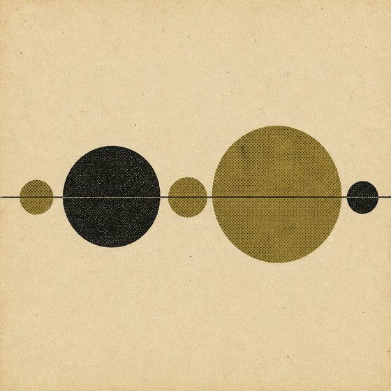 An original printed graphic made for this archive: five circles of different sizes joined by a single thin rule