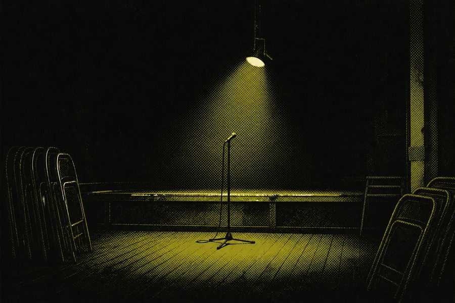 Original artwork for this archive: one microphone stand left alone under a work light on a small hall stage, chairs stacked at the edges