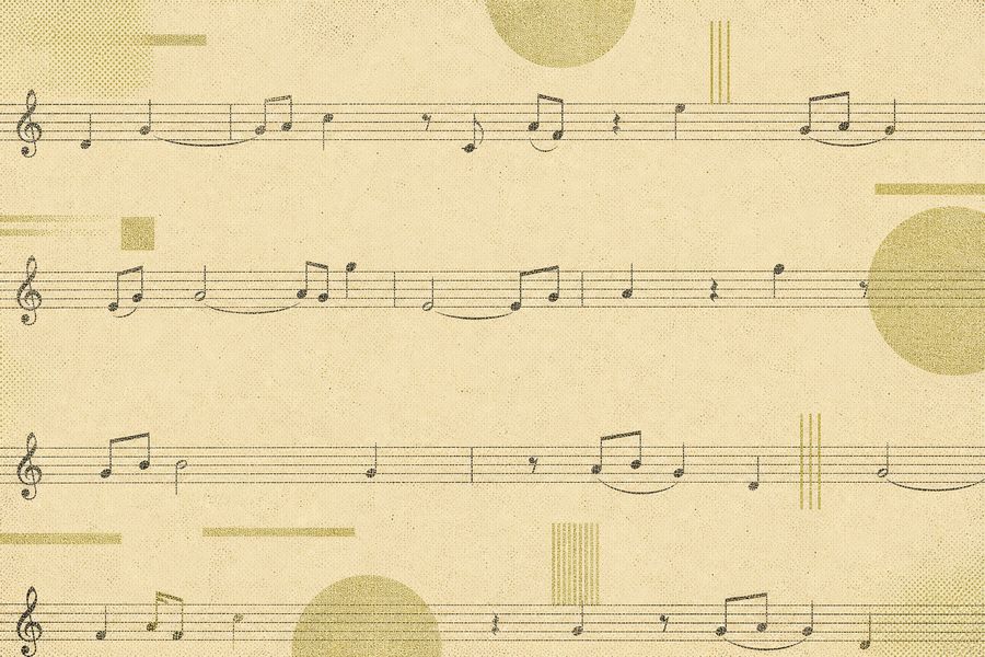 Original artwork for this archive: a field of manuscript paper with staves and notes, part of it dissolving into printed dots