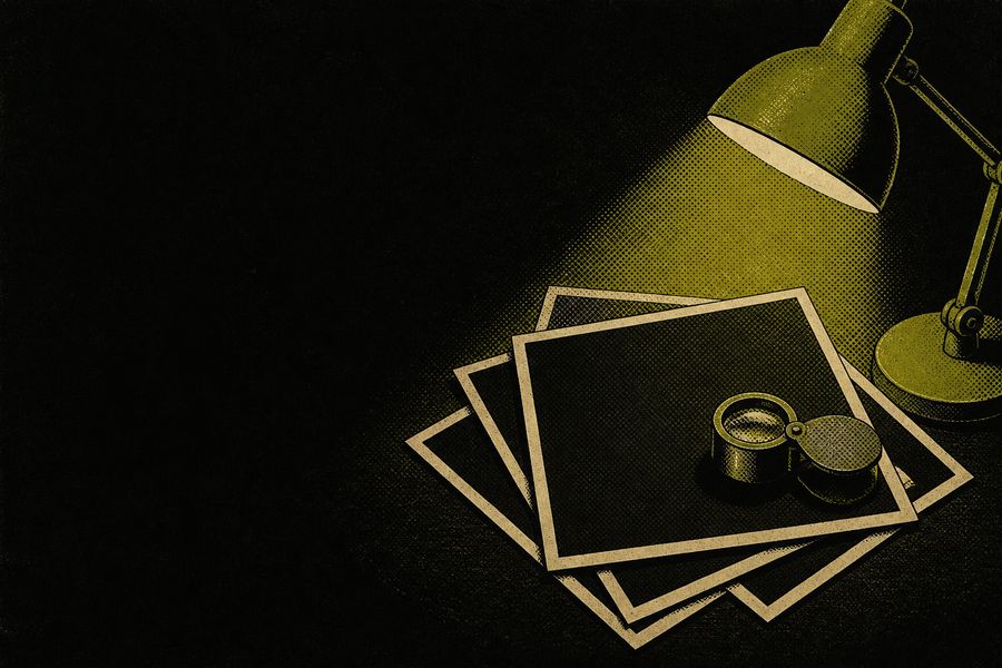 Original artwork for this archive: a fanned stack of blank photographic prints with a loupe resting on the top one under a raking light
