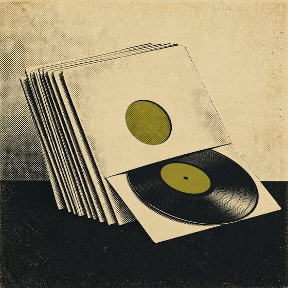 Original artwork for this archive: a leaning stack of twelve-inch records with one pulled halfway out of its sleeve