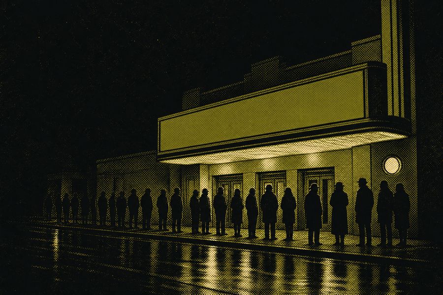 Original artwork for this archive: a queue waiting in silhouette outside a small city theatre at night under a lit marquee
