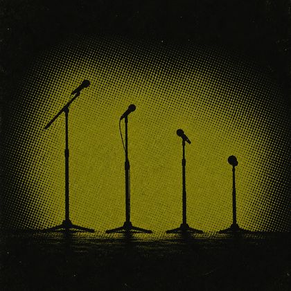 Original artwork for this archive: four microphone stands of different heights in a row on an empty stage, backlit