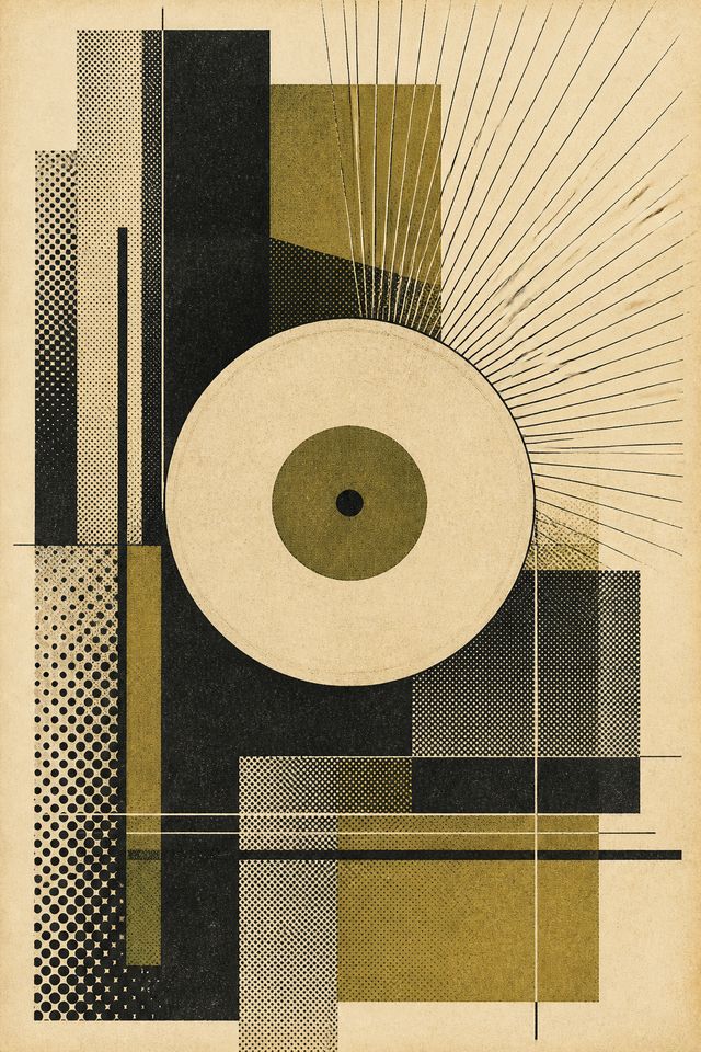 An original printed graphic made for this archive: a record label circle over a printed sunburst, in olive and ivory ink on aged paper