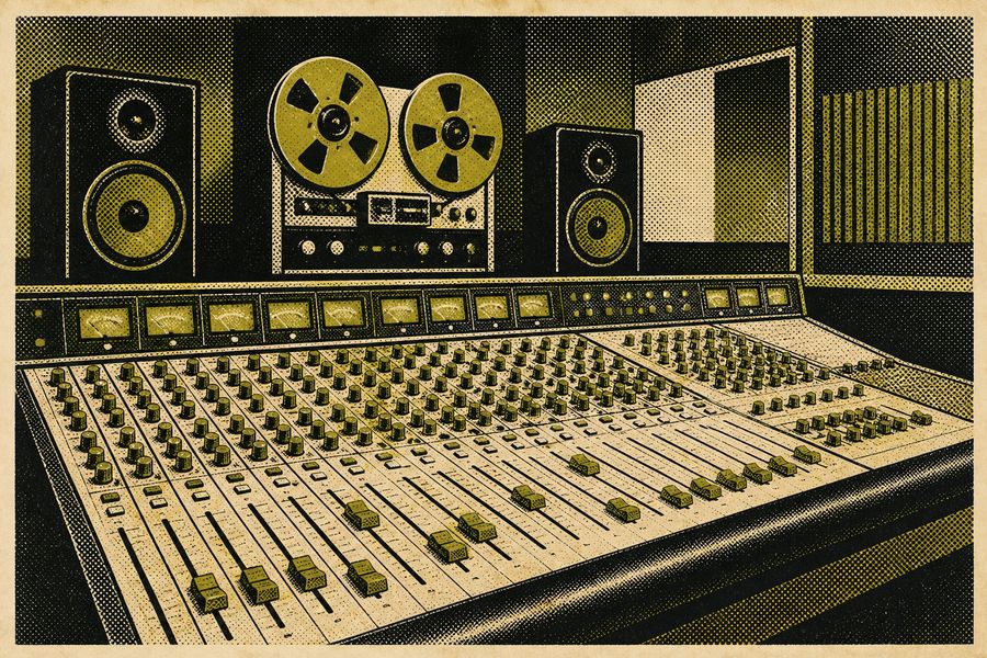 Original artwork for this archive: a 1970s analogue mixing console with tape reels turning behind it