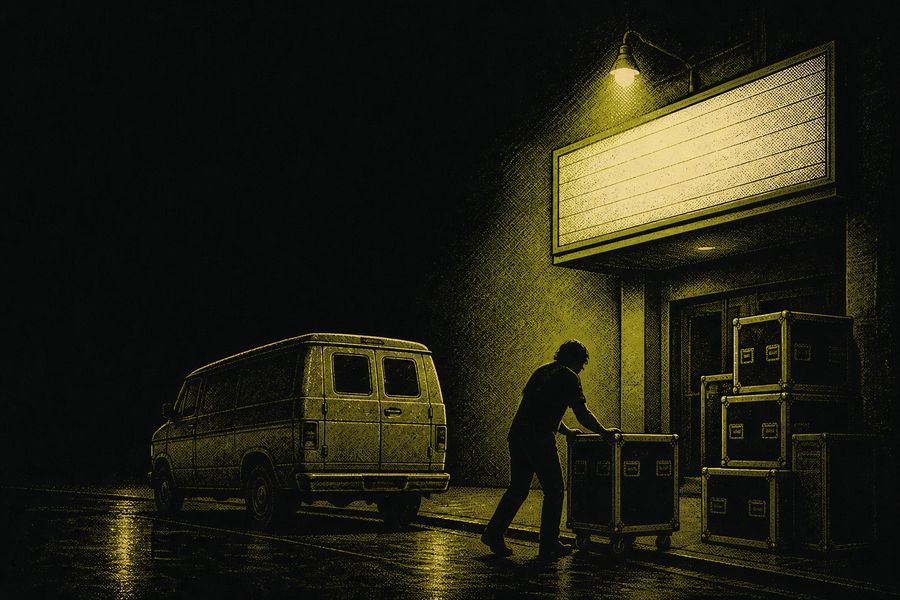 Original artwork for this archive: a touring van and a stack of flight cases at the kerb outside a closed theatre at night, one road crew figure in silhouette